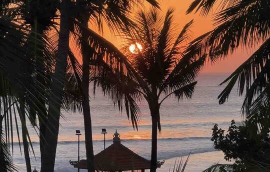 Legian beach bali at sunset with palm trees