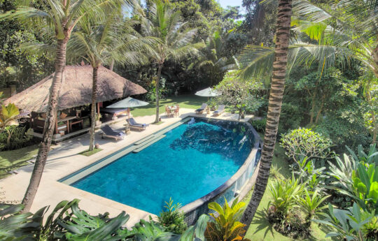 Villa Alamanda swimming pool and villa exterior from above