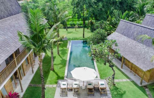 View of villa exterior with rice field and swimming pool vvistas