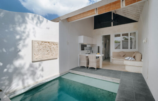 Nakula Suites swimming pool and view of kitchen