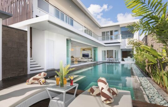 Villa Louis swimming pool, villa exterior and daybeds