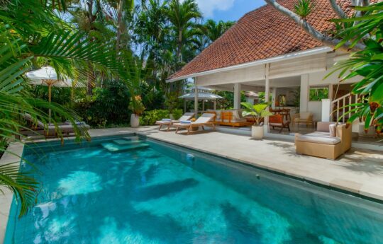 View of pool, garden and interiors of Villa Rama Sita in Seminyak