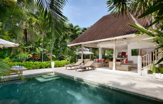 View of pool, garden and interiors of Villa Rama Sita in Seminyak